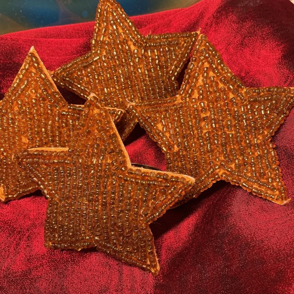 4 Napkin Rings Celestial Beaded Star & 4 Napkins Sheer Red & Gold Bohemian